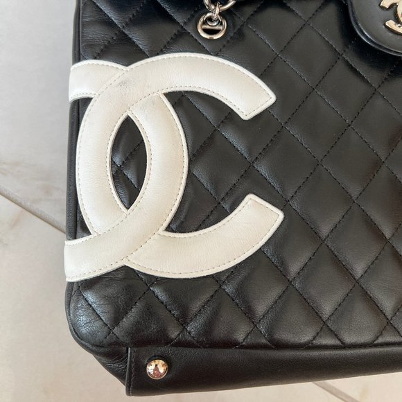 CHANEL Black Lambskin Leather Cambon Handbag Limited Edition White CC Logo RARE - Picture 14 of 16
